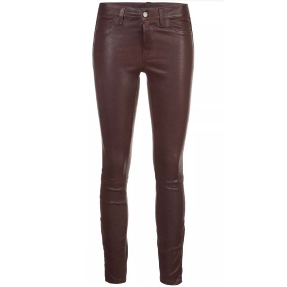 J BRAND • Burgundy Stretch Lamb Leather Skinny Ankle Zip Pants - Picture 5 of 16